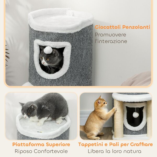 AllMyPets Albero Tiragraffi per Gatti Alto 76 cm con Casette Lettino Palline e Pali in Sisal colore Grigio - W677GY