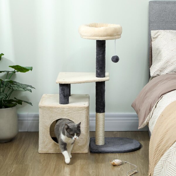 AllMyPets Albero Tiragraffi per Gatti Alto 92 cm con Casetta, Lettino, Pali in Sisal e Pallina colore Bianco Crema - R332CW