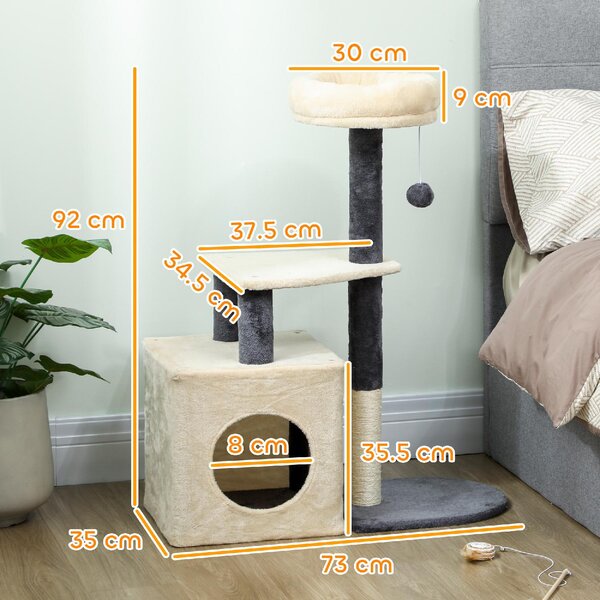 AllMyPets Albero Tiragraffi per Gatti Alto 92 cm con Casetta, Lettino, Pali in Sisal e Pallina colore Bianco Crema - R332CW