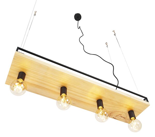 Lampada a sospensione industriale nera con legno 4 luci - Shelf