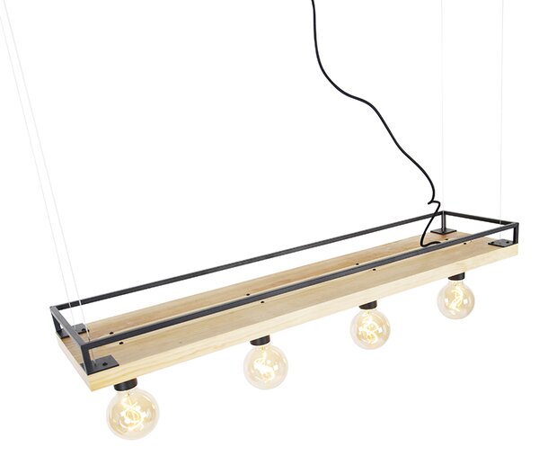 Lampada a sospensione industriale nera con legno 4 luci - Shelf