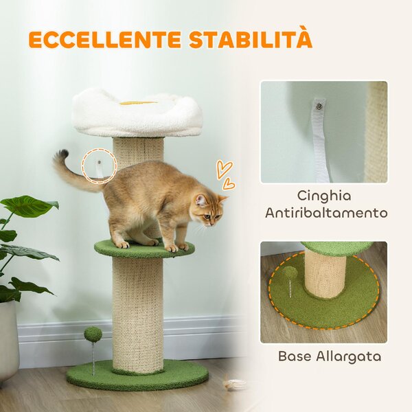 AllMyPets Albero Tiragraffi per Gatti Alto 92 cm con Palo in Sisal e Lettino a Forma di Fiore colore Verde - R333GN