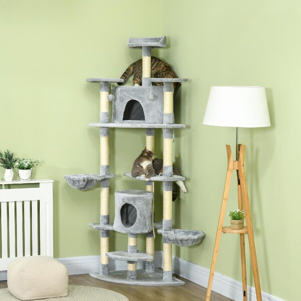 AllMyPets Albero Tiragraffi per Gatti Alto con Casette e Amache 60x60x200cm Grigio Chiaro