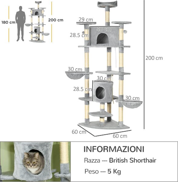 AllMyPets Albero Tiragraffi per Gatti Alto con Casette e Amache 60x60x200cm Grigio Chiaro