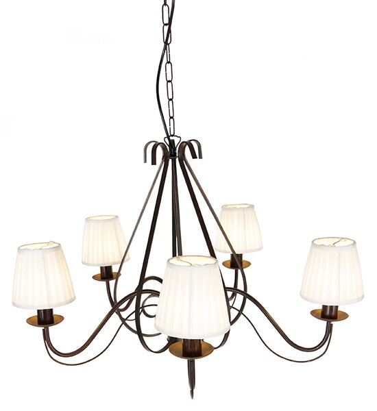Lampadario marrone con paralumi plissettati crema a 5 luci - Giuseppe