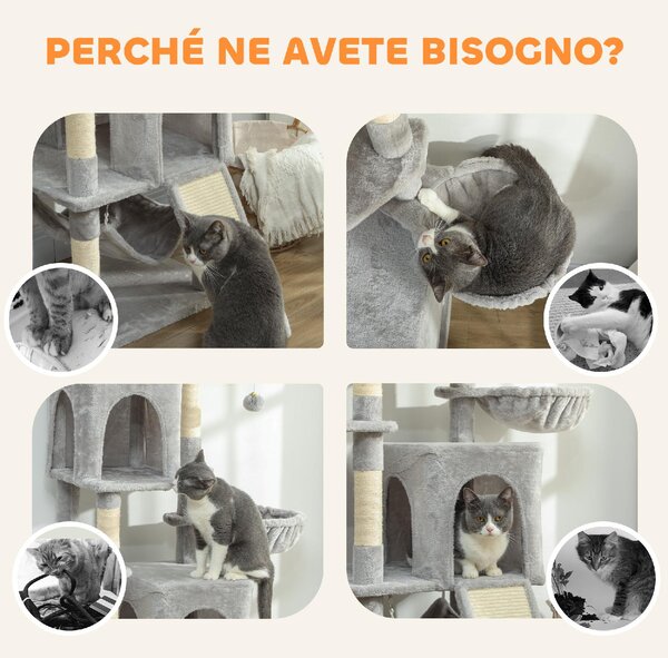 AllMyPets Albero Tiragraffi per Gatti con 2 Casette 2 Lettini Trespolo e 2 Palline 48x40x177 cm colore Grigio Chiaro e Beige - W679LG