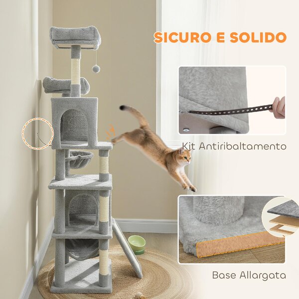 AllMyPets Albero Tiragraffi per Gatti con 2 Casette 2 Lettini Trespolo e 2 Palline 48x40x177 cm colore Grigio Chiaro e Beige - W679LG