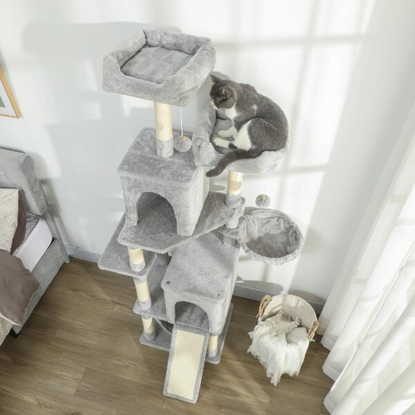 AllMyPets Albero Tiragraffi per Gatti con 2 Casette 2 Lettini Trespolo e 2 Palline 48x40x177 cm colore Grigio Chiaro e Beige - W679LG