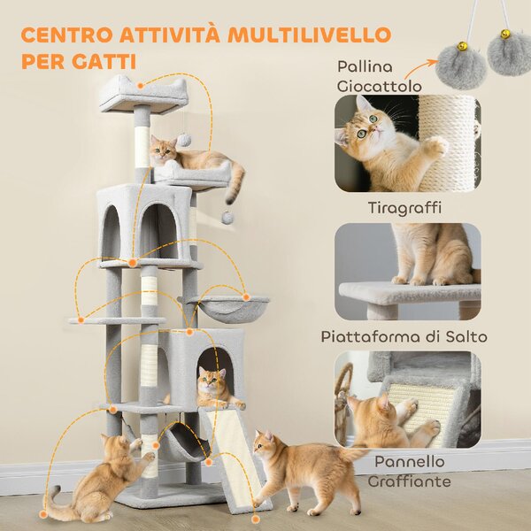 AllMyPets Albero Tiragraffi per Gatti con 2 Casette 2 Lettini Trespolo e 2 Palline 48x40x177 cm colore Grigio Chiaro e Beige - W679LG