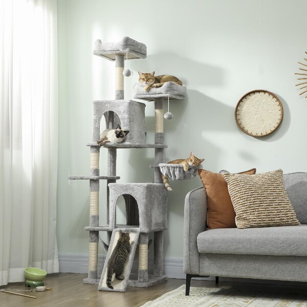 AllMyPets Albero Tiragraffi per Gatti con 2 Casette 2 Lettini Trespolo e 2 Palline 48x40x177 cm colore Grigio Chiaro e Beige - W679LG
