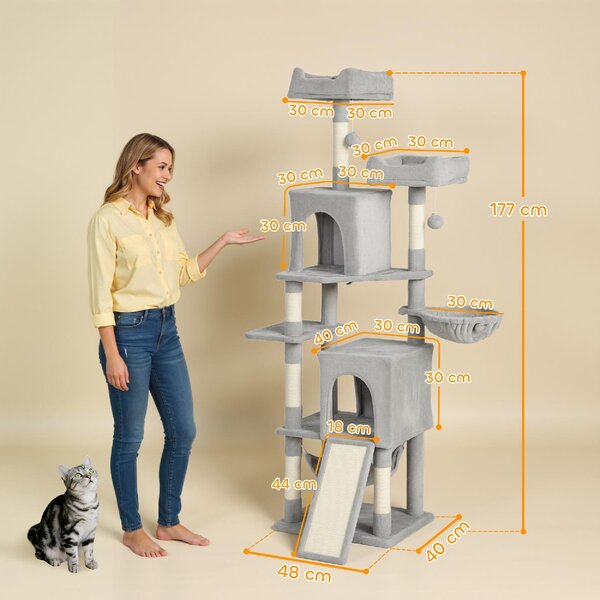 AllMyPets Albero Tiragraffi per Gatti con 2 Casette 2 Lettini Trespolo e 2 Palline 48x40x177 cm colore Grigio Chiaro e Beige - W679LG
