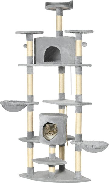 AllMyPets Albero Tiragraffi per Gatti Alto con Casette e Amache 60x60x200cm Grigio Chiaro