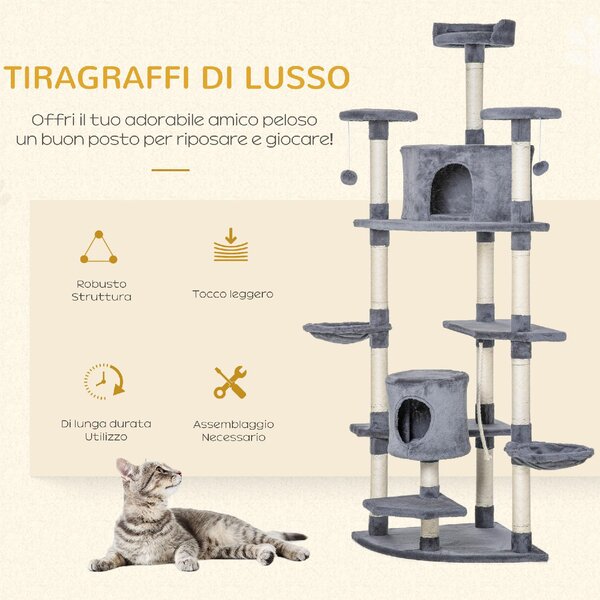 AllMyPets Albero Tiragraffi per Gatti Alto con Casette e Amache 60x60x200cm Grigio Chiaro