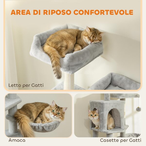 AllMyPets Albero Tiragraffi per Gatti con 2 Casette 2 Lettini Trespolo e 2 Palline 48x40x177 cm colore Grigio Chiaro e Beige - W679LG