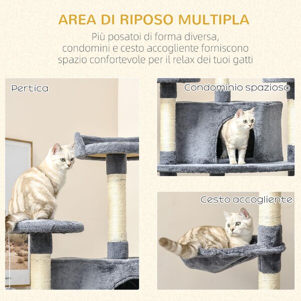 AllMyPets Albero Tiragraffi per Gatti Alto con Casette e Amache 60x60x200cm Grigio Chiaro