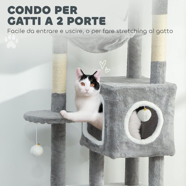 AllMyPets Albero Tiragraffi per Gatti con 2 Casette Rampa Trespoli e 4 Palline 48x40x165 cm colore Grigio e Bianco - W680GY