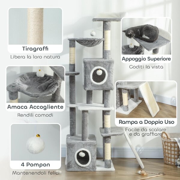 AllMyPets Albero Tiragraffi per Gatti con 2 Casette Rampa Trespoli e 4 Palline 48x40x165 cm colore Grigio e Bianco - W680GY