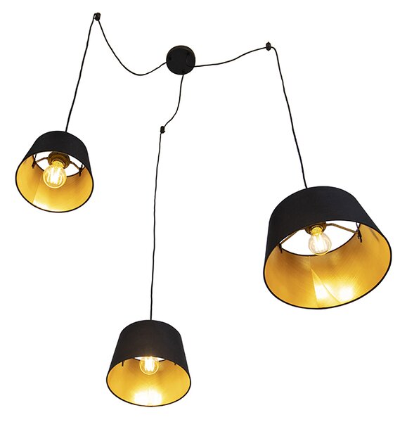 Lampada a sospensione con 3 paralumi in cotone nero e oro - Cava