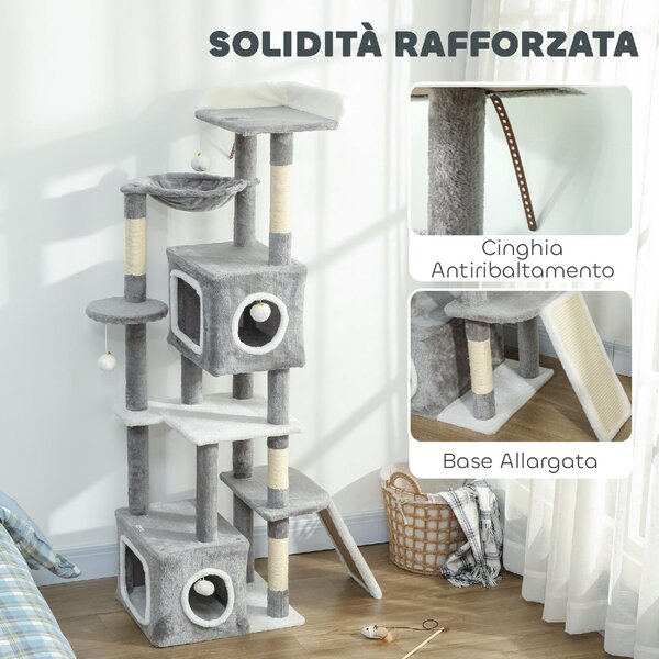 AllMyPets Albero Tiragraffi per Gatti con 2 Casette Rampa Trespoli e 4 Palline 48x40x165 cm colore Grigio e Bianco - W680GY