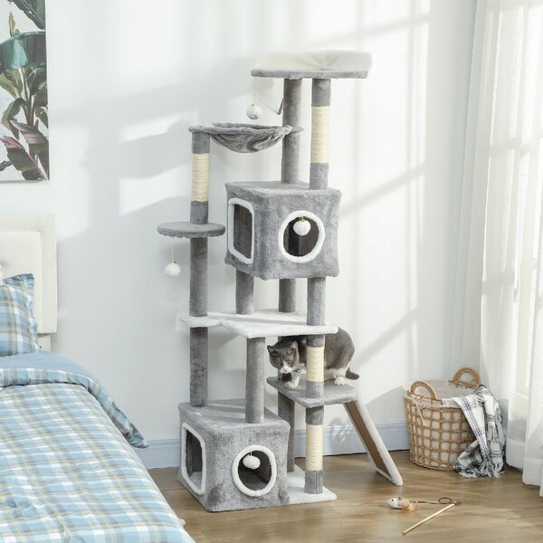 AllMyPets Albero Tiragraffi per Gatti con 2 Casette Rampa Trespoli e 4 Palline 48x40x165 cm colore Grigio e Bianco - W680GY