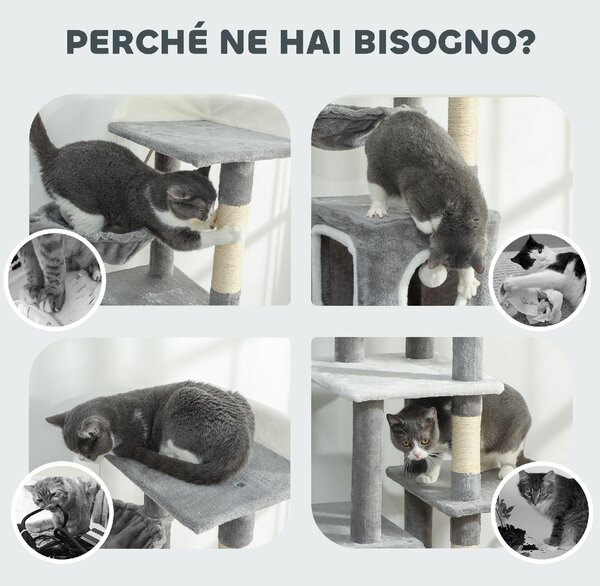 AllMyPets Albero Tiragraffi per Gatti con 2 Casette Rampa Trespoli e 4 Palline 48x40x165 cm colore Grigio e Bianco - W680GY