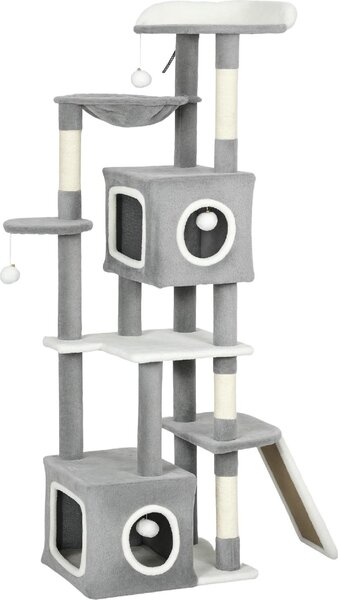 AllMyPets Albero Tiragraffi per Gatti con 2 Casette Rampa Trespoli e 4 Palline 48x40x165 cm colore Grigio e Bianco - W680GY