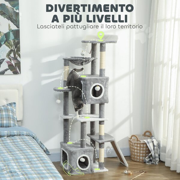 AllMyPets Albero Tiragraffi per Gatti con 2 Casette Rampa Trespoli e 4 Palline 48x40x165 cm colore Grigio e Bianco - W680GY