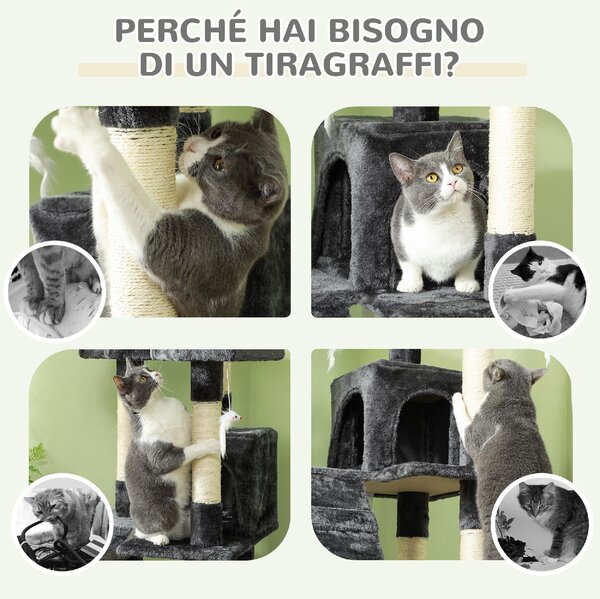 AllMyPets Albero Tiragraffi per Gatti con 3 Posatoi, 2 Casette e Giochi Appesi, in Legno e Peluche 49x49x173 cm colore Grigio - L3540GY