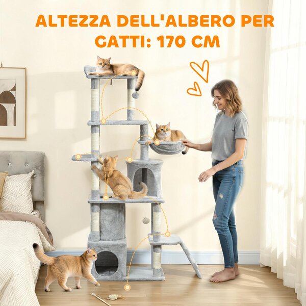 AllMyPets Albero Tiragraffi per Gatti con 2 Casette, Amaca, Tunnel, e Lettino, Pali in Sisal 60x40x170 cm colore Grigio - R334LG
