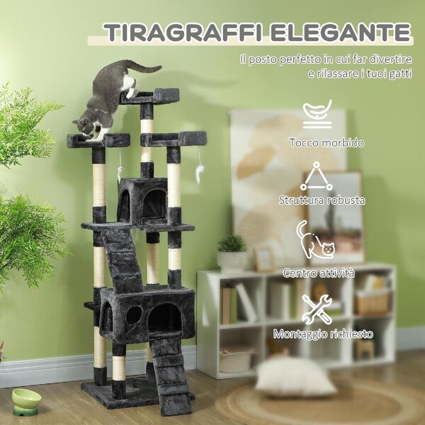 AllMyPets Albero Tiragraffi per Gatti con 3 Posatoi, 2 Casette e Giochi Appesi, in Legno e Peluche 49x49x173 cm colore Grigio - L3540GY