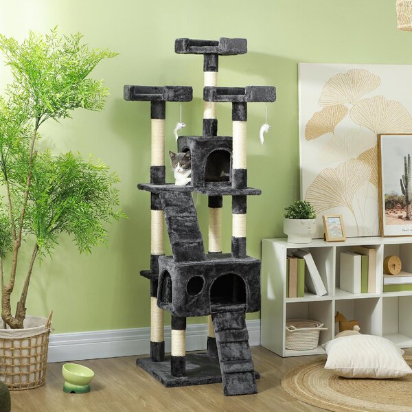 AllMyPets Albero Tiragraffi per Gatti con 3 Posatoi, 2 Casette e Giochi Appesi, in Legno e Peluche 49x49x173 cm colore Grigio - L3540GY