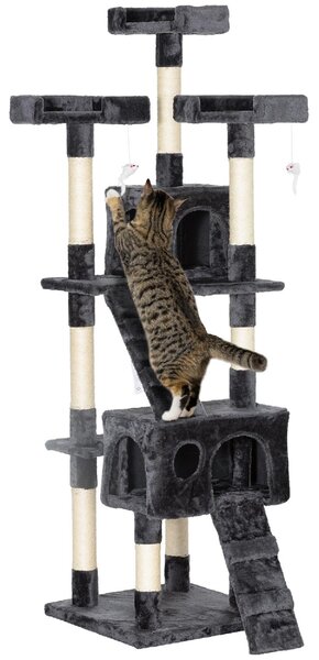 AllMyPets Albero Tiragraffi per Gatti con 3 Posatoi, 2 Casette e Giochi Appesi, in Legno e Peluche 49x49x173 cm colore Grigio - L3540GY