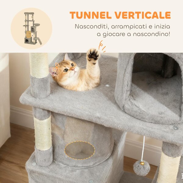 AllMyPets Albero Tiragraffi per Gatti con 2 Casette, Amaca, Tunnel, e Lettino, Pali in Sisal 60x40x170 cm colore Grigio - R334LG