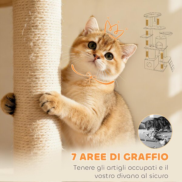 AllMyPets Albero Tiragraffi per Gatti con 2 Casette, Amaca, Tunnel, e Lettino, Pali in Sisal 60x40x170 cm colore Grigio - R334LG