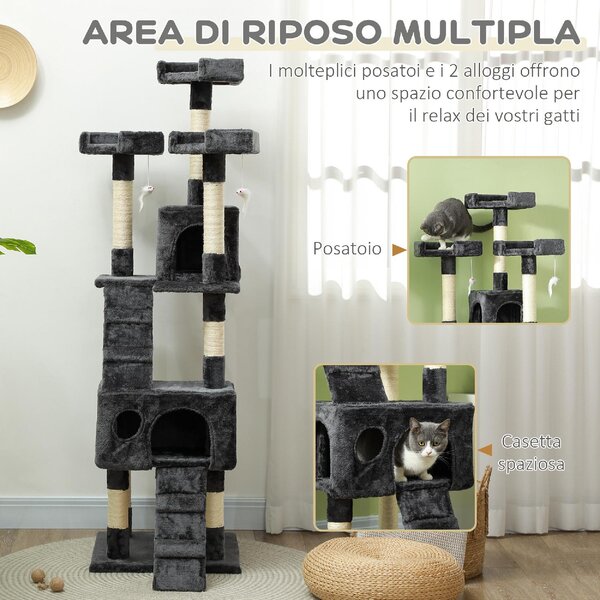 AllMyPets Albero Tiragraffi per Gatti con 3 Posatoi, 2 Casette e Giochi Appesi, in Legno e Peluche 49x49x173 cm colore Grigio - L3540GY