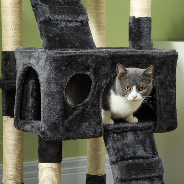 AllMyPets Albero Tiragraffi per Gatti con 3 Posatoi, 2 Casette e Giochi Appesi, in Legno e Peluche 49x49x173 cm colore Grigio - L3540GY