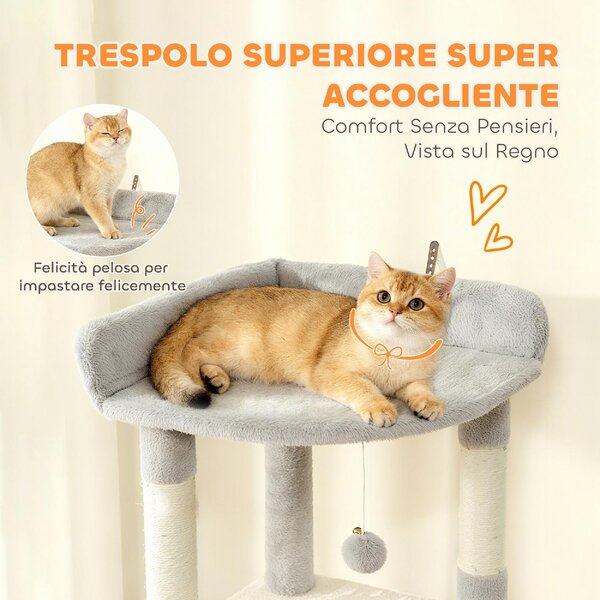 AllMyPets Albero Tiragraffi per Gatti con 2 Casette, Amaca, Tunnel, e Lettino, Pali in Sisal 60x40x170 cm colore Grigio - R334LG