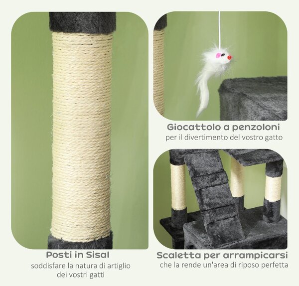 AllMyPets Albero Tiragraffi per Gatti con 3 Posatoi, 2 Casette e Giochi Appesi, in Legno e Peluche 49x49x173 cm colore Grigio - L3540GY