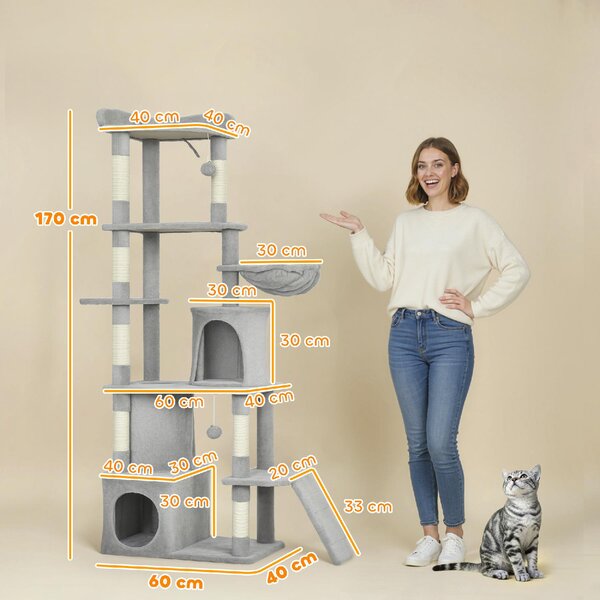 AllMyPets Albero Tiragraffi per Gatti con 2 Casette, Amaca, Tunnel, e Lettino, Pali in Sisal 60x40x170 cm colore Grigio - R334LG