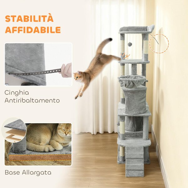 AllMyPets Albero Tiragraffi per Gatti con 2 Casette, Amaca, Tunnel, e Lettino, Pali in Sisal 60x40x170 cm colore Grigio - R334LG