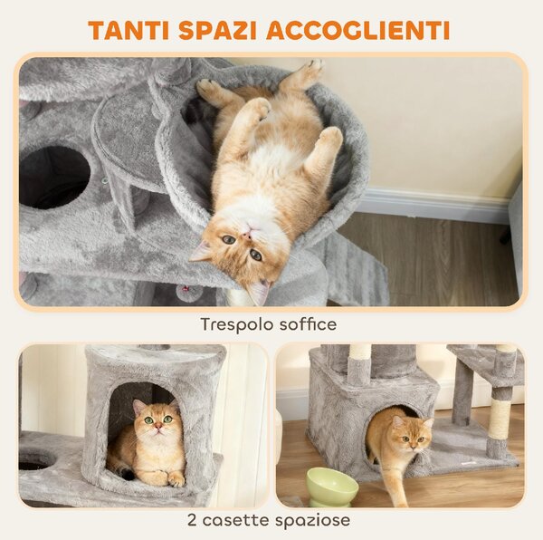 AllMyPets Albero Tiragraffi per Gatti con 2 Casette, Amaca, Tunnel, e Lettino, Pali in Sisal 60x40x170 cm colore Grigio - R334LG