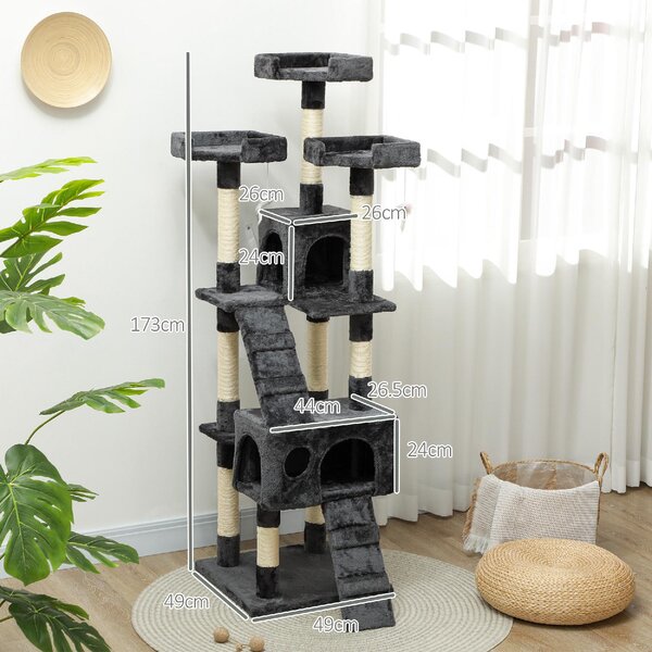 AllMyPets Albero Tiragraffi per Gatti con 3 Posatoi, 2 Casette e Giochi Appesi, in Legno e Peluche 49x49x173 cm colore Grigio - L3540GY