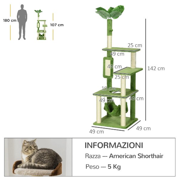 AllMyPets Albero Tiragraffi per Gatti con Amaca Pallina e Tiragraffi in Sisal 49x49x142 cm colore Verde - GN-D3OR