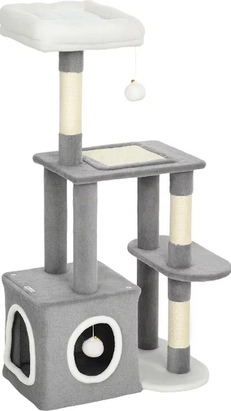 AllMyPets Albero Tiragraffi per Gatti con Casetta Lettino e 2 Palline in Legno e Peluche 55x40x107 cm colore Grigio e Bianco - W681GY
