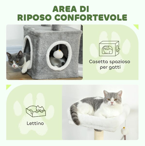 AllMyPets Albero Tiragraffi per Gatti con Casetta Lettino e 2 Palline in Legno e Peluche 55x40x107 cm colore Grigio e Bianco - W681GY