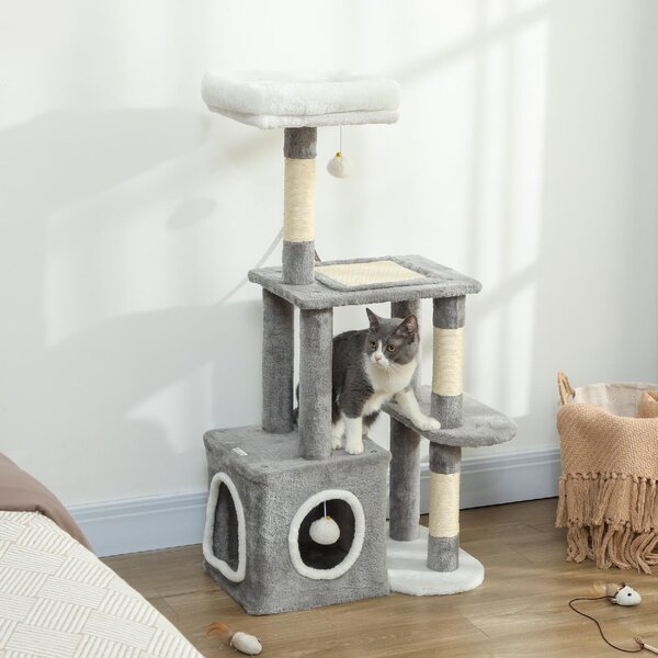 AllMyPets Albero Tiragraffi per Gatti con Casetta Lettino e 2 Palline in Legno e Peluche 55x40x107 cm colore Grigio e Bianco - W681GY