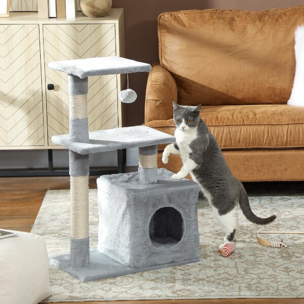 AllMyPets Albero Tiragraffi per Gatti con Casetta, 2 Piattaforme e Pallina, in Legno, Sisal e Peluche, 50x30x81.5 cm, colore Grigio - L3555CG
