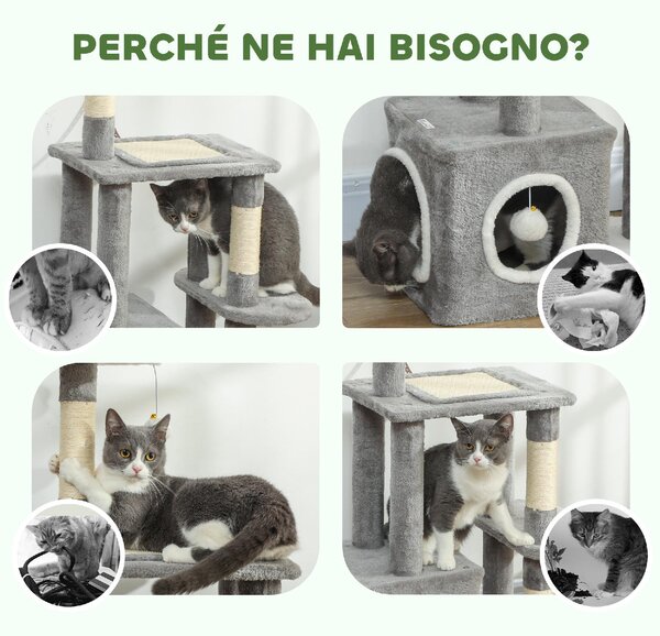 AllMyPets Albero Tiragraffi per Gatti con Casetta Lettino e 2 Palline in Legno e Peluche 55x40x107 cm colore Grigio e Bianco - W681GY