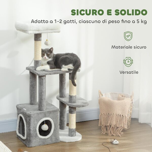 AllMyPets Albero Tiragraffi per Gatti con Casetta Lettino e 2 Palline in Legno e Peluche 55x40x107 cm colore Grigio e Bianco - W681GY
