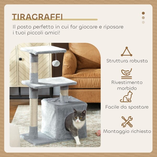 AllMyPets Albero Tiragraffi per Gatti con Casetta, 2 Piattaforme e Pallina, in Legno, Sisal e Peluche, 50x30x81.5 cm, colore Grigio - L3555CG
